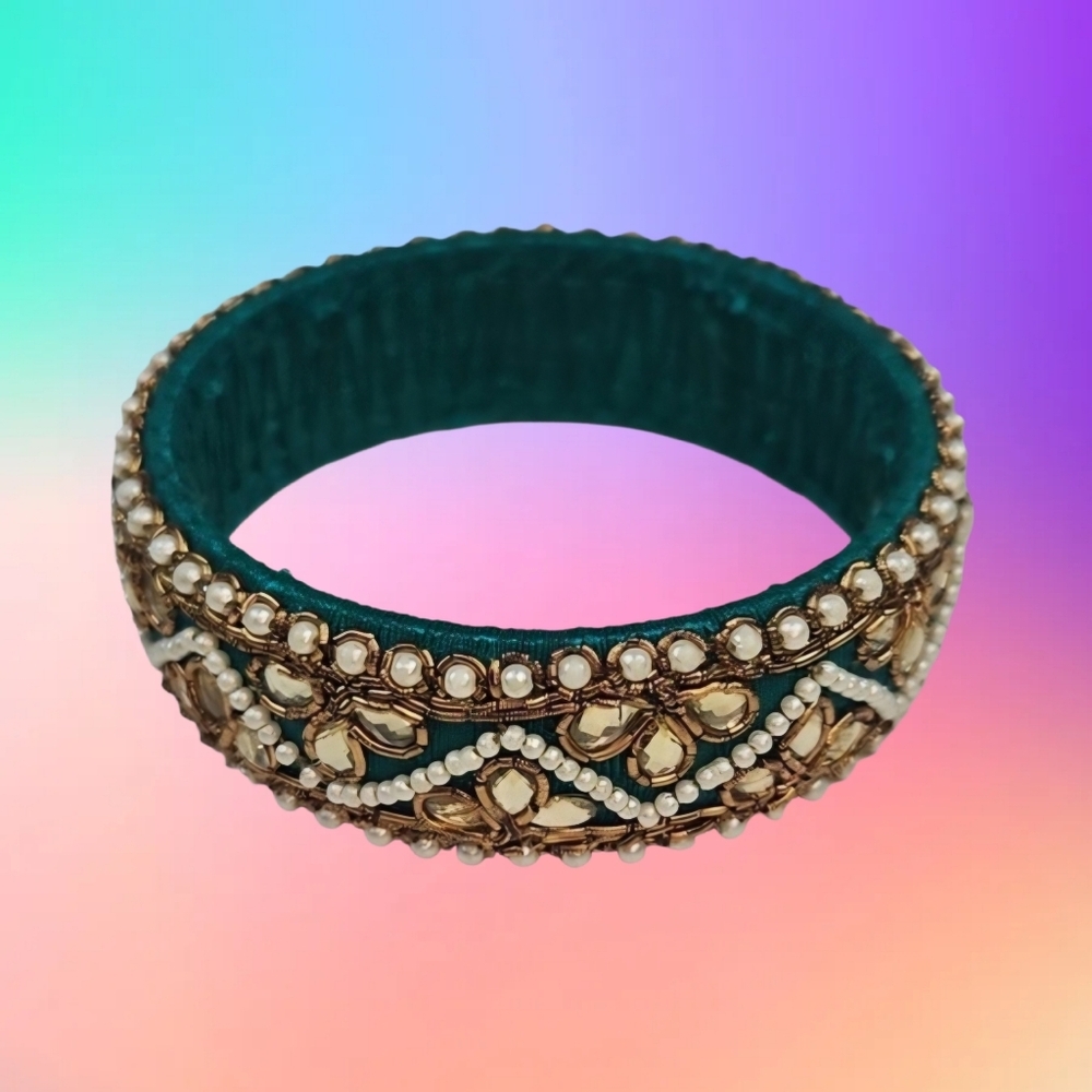 Vintage Beaded Cuff Bangle Bracelet in Golden Cream White Dark Green